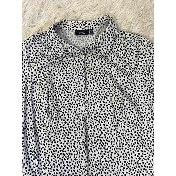 Apt. 9 Women Plus Size 1X White & Black Polkadot Speckle Button Up Blouse Shirt - Picture 11 of 13